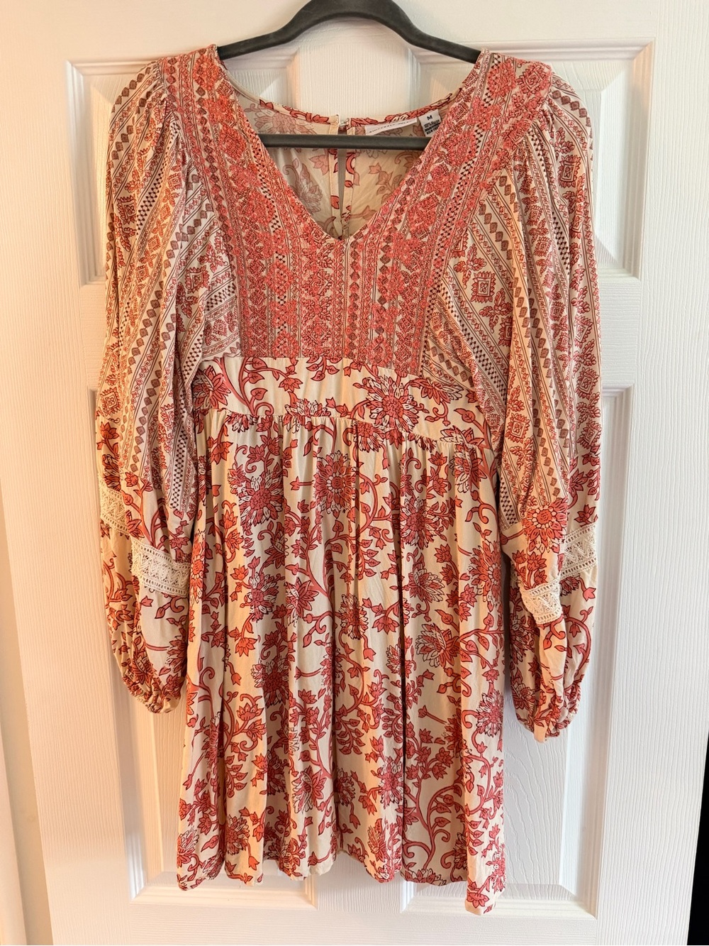 Boho Cream Mini Dress with Red Floral Print